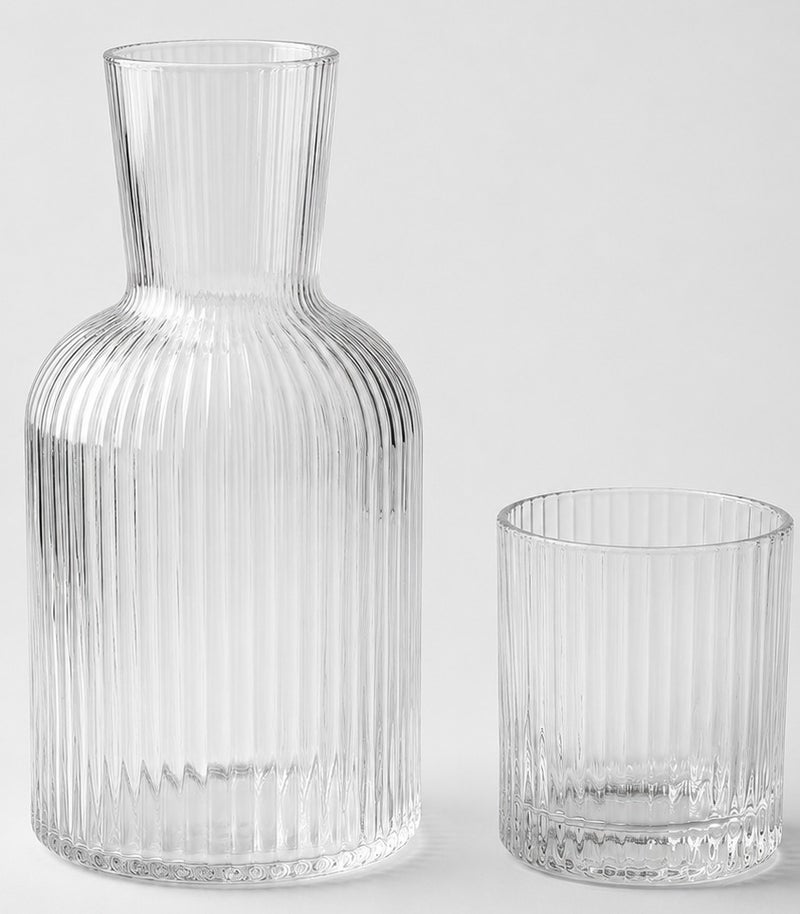 Circuit Green 750ml Carafe + 220ml Cup Bedside Glass Water Set – Clear Ribbed Borosilicate Nightstand Carafe for Bedroom, Office & Guests - Image 1