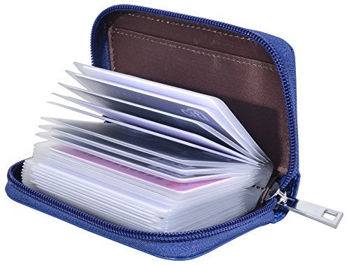 Easyoulife Genuine Leather Credit Card Holder Zipper Wallet With 26 Card Slots (Blue) - Image 1