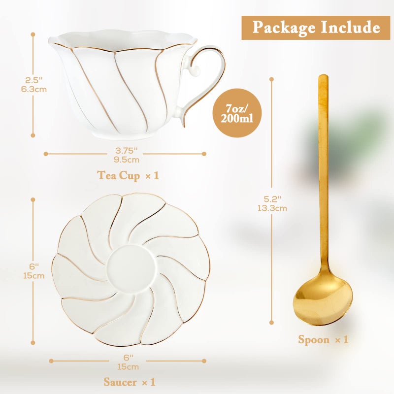 Dujust 3 Pcs Porcelain Tea Cup And Saucer Set With Tea Spoon  Luxury British Style Tea/Coffee Cup Set With Golden Trim  Beautiful Tea Set For Living Room Decoration & Tea Party - Image 4