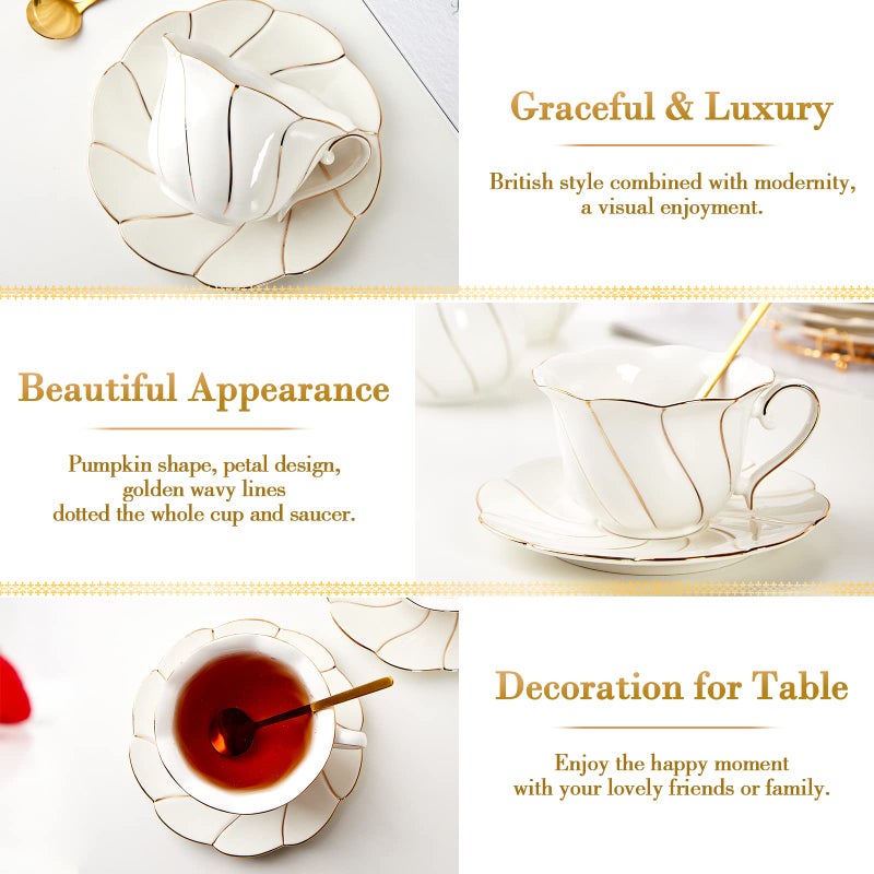 Dujust 3 Pcs Porcelain Tea Cup And Saucer Set With Tea Spoon  Luxury British Style Tea/Coffee Cup Set With Golden Trim  Beautiful Tea Set For Living Room Decoration & Tea Party - Image 3