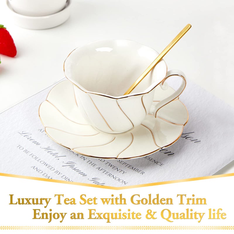 Dujust 3 Pcs Porcelain Tea Cup And Saucer Set With Tea Spoon  Luxury British Style Tea/Coffee Cup Set With Golden Trim  Beautiful Tea Set For Living Room Decoration & Tea Party - Image 2