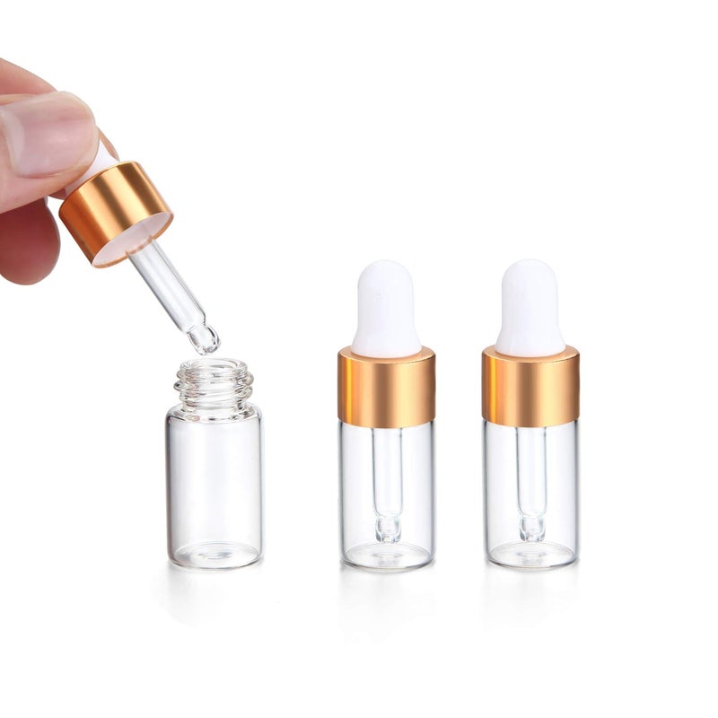 USRommaner 50 Pack,3ml Clear Glass Dropper Vial for Essential Oils,Empty Mini Glass Eye Dropper Bottle With Golden Aluminum Lid,Pure Glass Pipette Travel Sample Test Liquid Container-Pipette&Funnel Included - Image 3