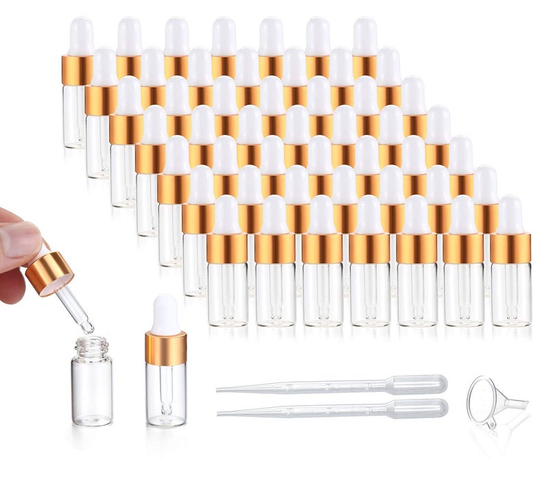 USRommaner 50 Pack,3ml Clear Glass Dropper Vial for Essential Oils,Empty Mini Glass Eye Dropper Bottle With Golden Aluminum Lid,Pure Glass Pipette Travel Sample Test Liquid Container-Pipette&Funnel Included - Image 1