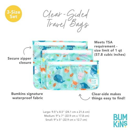 Bumkins Travel Bag, Toiletry, TSA Approved Pouch, Zip Bag, Quart Size Airline Compliant, Clear-Sided, Baby, Diaper Bag Organization, Makeup, Accessories, Packing, Set of 3 Sizes, Ocean Life Blue - Image 5