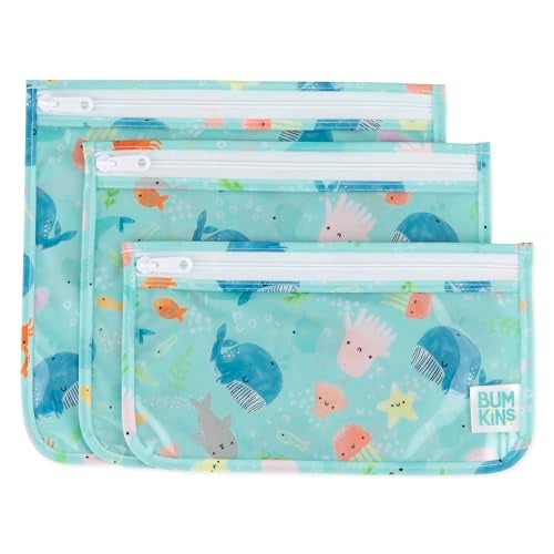 Bumkins Travel Bag, Toiletry, TSA Approved Pouch, Zip Bag, Quart Size Airline Compliant, Clear-Sided, Baby, Diaper Bag Organization, Makeup, Accessories, Packing, Set of 3 Sizes, Ocean Life Blue - Image 1