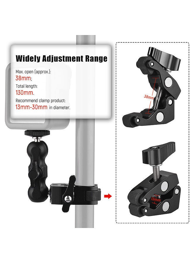 Multi-functional Clamp Ball Mount Clamp Articulating Friction Arm Super Clamp with 1/4 Inch Screw for GPS Monitor LED Video Light Flash Light Microphone