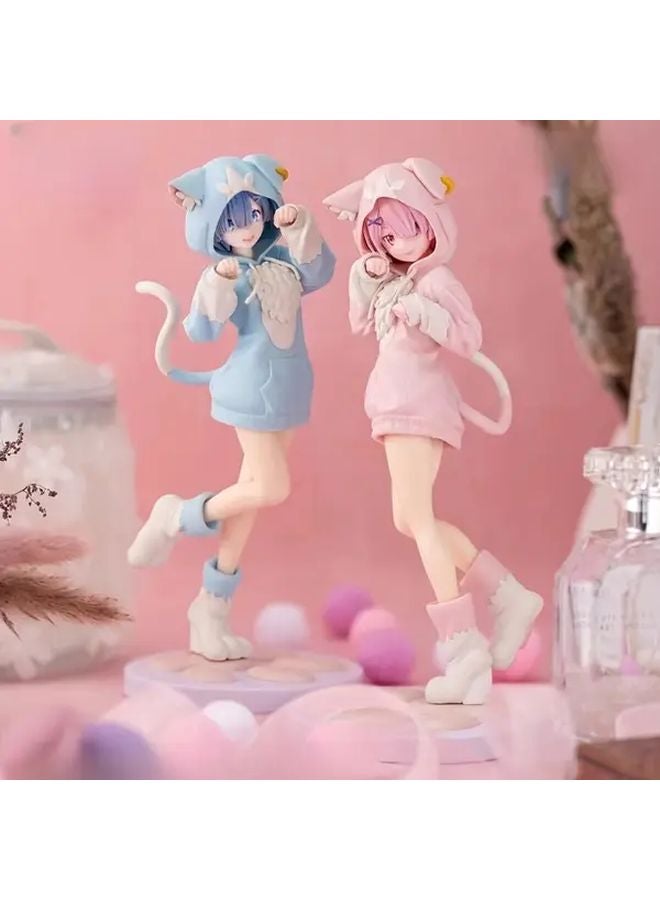 Blue Hooded Anime Cat Girl Figure with Pink Outfit Collectible Desk Decor - Image 2