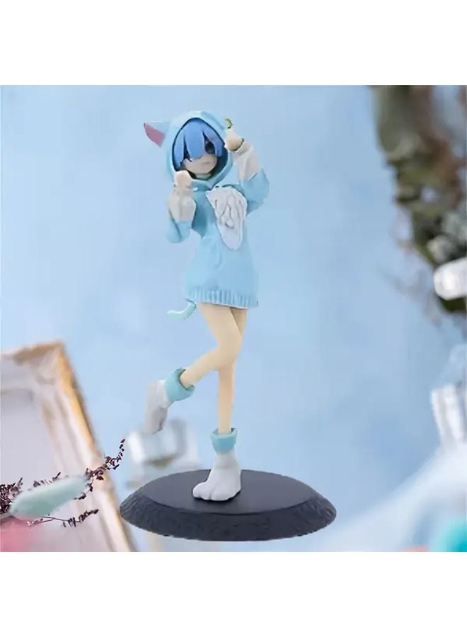 Blue Hooded Anime Cat Girl Figure with Pink Outfit Collectible Desk Decor - Image 1