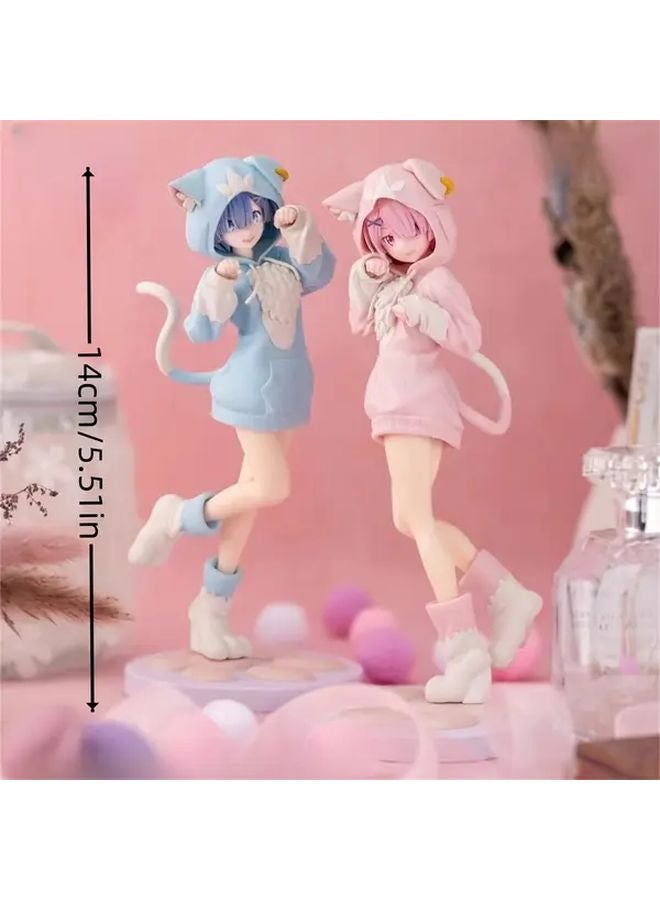 Blue Hooded Anime Cat Girl Figure with Pink Outfit Collectible Desk Decor - Image 3