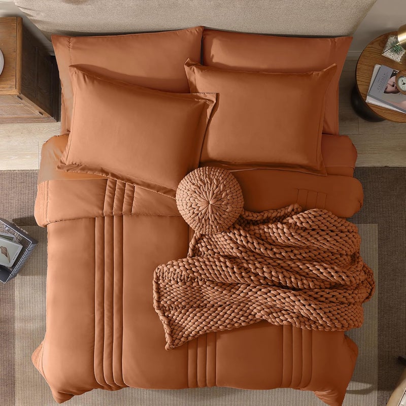 Monbix Queen Comforter Set - 7 Pieces Burnt Orange Bed in a Bag Queen Bedding Sets with Comforters, All Seasons Fall Comforter Bed Set with Sheets,Pillowcases & Shams - Image 5