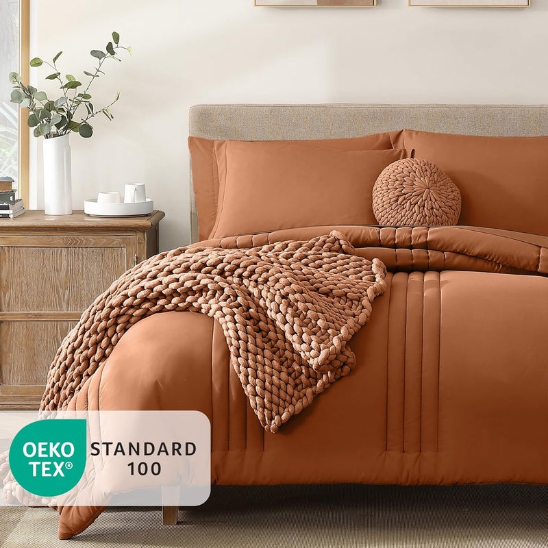 Monbix Queen Comforter Set - 7 Pieces Burnt Orange Bed in a Bag Queen Bedding Sets with Comforters, All Seasons Fall Comforter Bed Set with Sheets,Pillowcases & Shams - Image 2