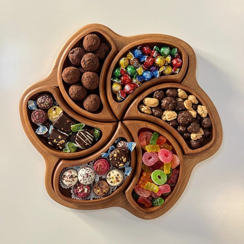 Rosewood Flower Shape Snack Dish with Separated Compartment Tray, Wooden Serving Platter