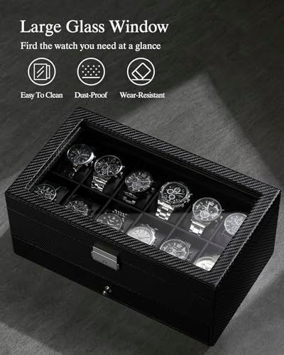 GUKA Watch Box, 12 Slot Watch Case, Watch Cases for men with Real Glass Lid, Synthetic Leather Watch Organizer storage with Jewelry Case, Birthday for Men and Women, Black, GK-012-BKCX - Image 3