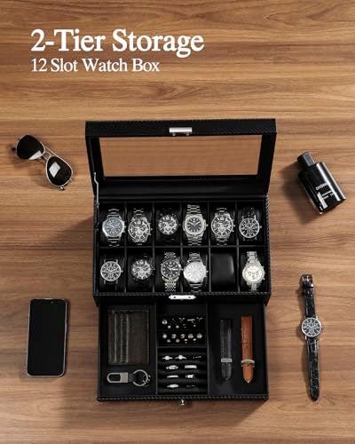 GUKA Watch Box, 12 Slot Watch Case, Watch Cases for men with Real Glass Lid, Synthetic Leather Watch Organizer storage with Jewelry Case, Birthday for Men and Women, Black, GK-012-BKCX - Image 4
