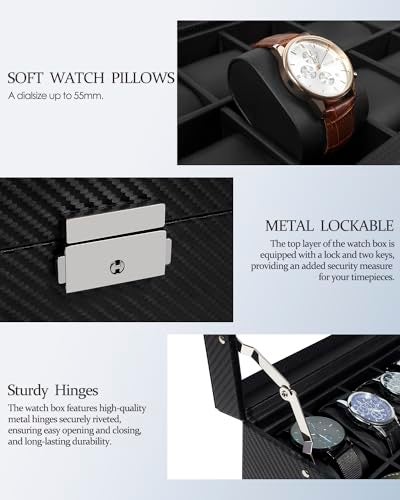 GUKA Watch Box, 12 Slot Watch Case, Watch Cases for men with Real Glass Lid, Synthetic Leather Watch Organizer storage with Jewelry Case, Birthday for Men and Women, Black, GK-012-BKCX - Image 5