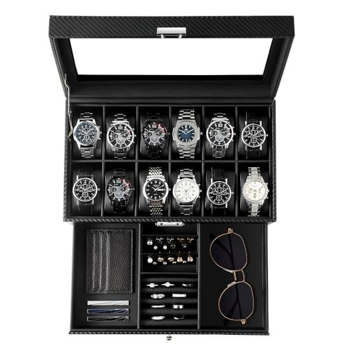 GUKA Watch Box, 12 Slot Watch Case, Watch Cases for men with Real Glass Lid, Synthetic Leather Watch Organizer storage with Jewelry Case, Birthday for Men and Women, Black, GK-012-BKCX - Image 1