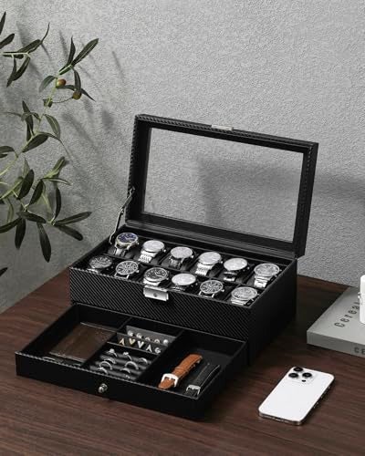 GUKA Watch Box, 12 Slot Watch Case, Watch Cases for men with Real Glass Lid, Synthetic Leather Watch Organizer storage with Jewelry Case, Birthday for Men and Women, Black, GK-012-BKCX - Image 2