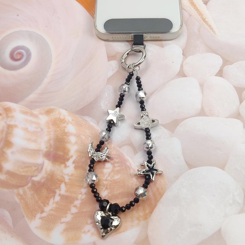 cioatu Cute Phone Wrist Strap Chic Beaded Cellphone Lanyard with Tether Tab Phone Charm Grip Strap for PhoneBag Purses Keys (Black Heart) - Image 4