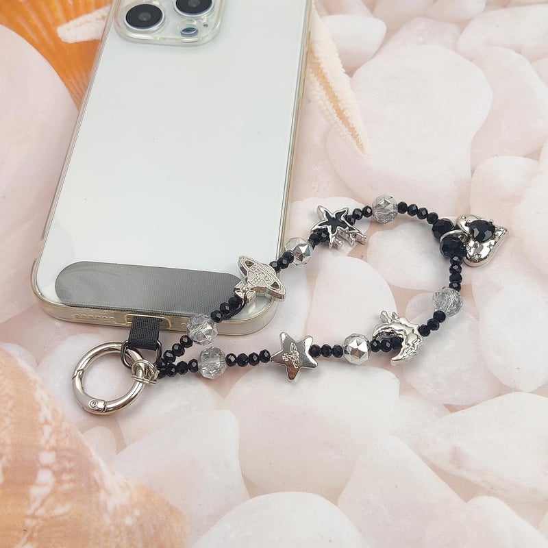 cioatu Cute Phone Wrist Strap Chic Beaded Cellphone Lanyard with Tether Tab Phone Charm Grip Strap for PhoneBag Purses Keys (Black Heart) - Image 3