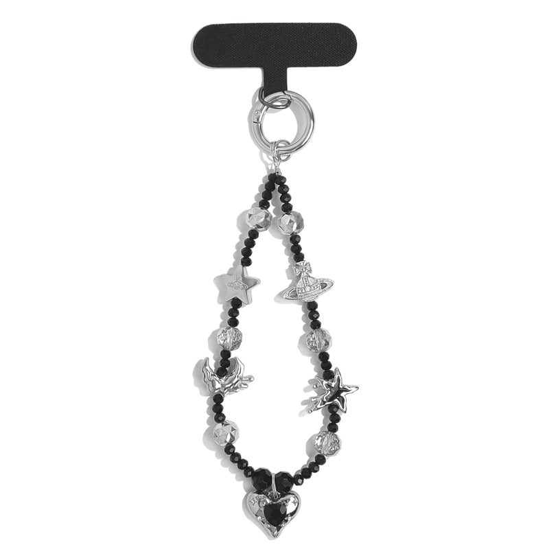 cioatu Cute Phone Wrist Strap Chic Beaded Cellphone Lanyard with Tether Tab Phone Charm Grip Strap for PhoneBag Purses Keys (Black Heart) - Image 1