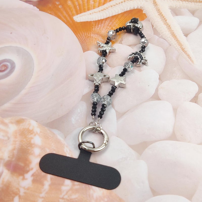 cioatu Cute Phone Wrist Strap Chic Beaded Cellphone Lanyard with Tether Tab Phone Charm Grip Strap for PhoneBag Purses Keys (Black Heart) - Image 2