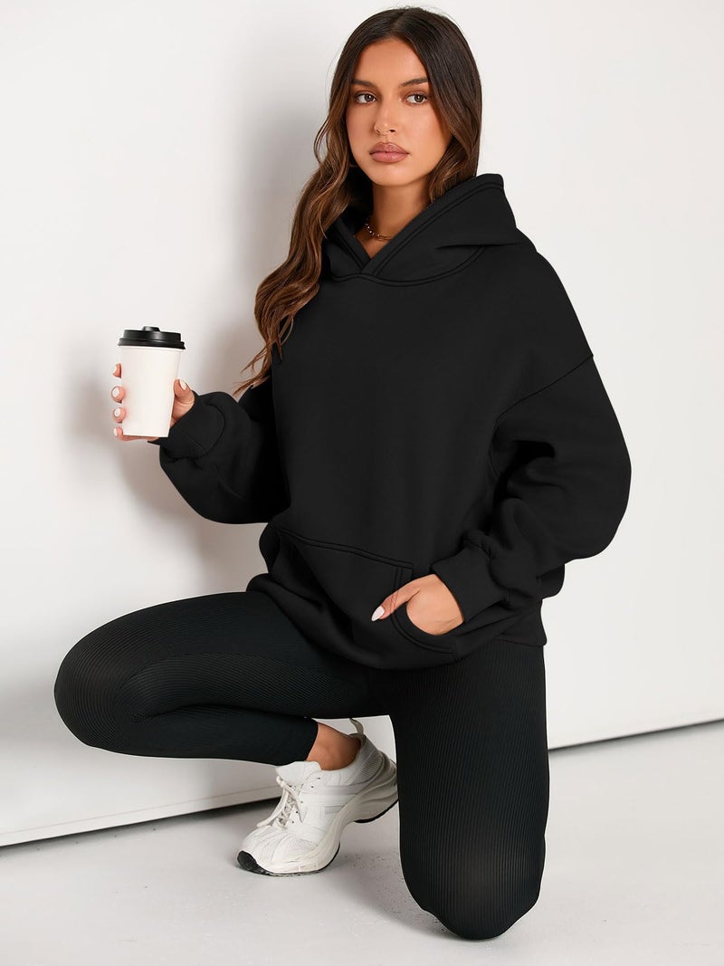 EFAN Women's Oversized Fleece Hoodie, Cozy Plush Pullover Sweatshirt with Pocket Black L - Image 5