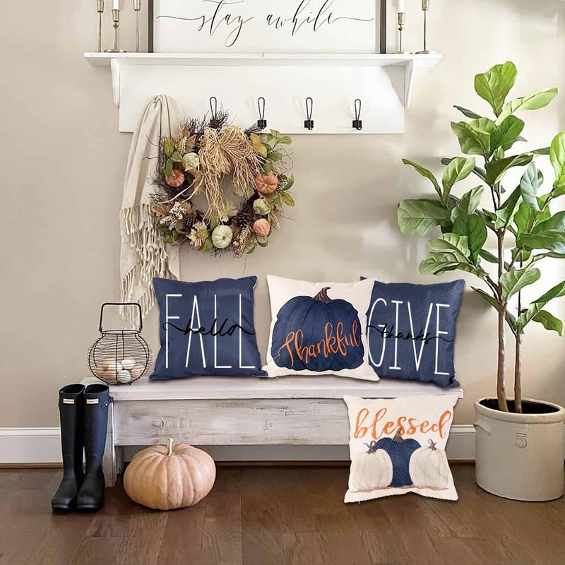 Vellibring Fall Pillow Covers 18 x 18 Inch Blue Pumpkins Throw Pillow Covers for Farmhouse Autumn Cushion Covers Thanksgiving Pillow Case for Indoor Home Bedroom Sofa Decor - Image 5