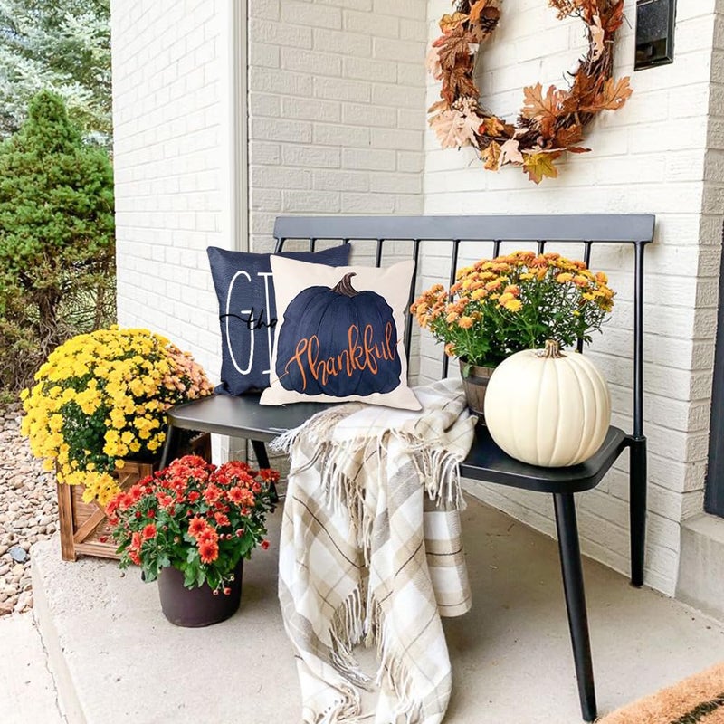 Vellibring Fall Pillow Covers 18 x 18 Inch Blue Pumpkins Throw Pillow Covers for Farmhouse Autumn Cushion Covers Thanksgiving Pillow Case for Indoor Home Bedroom Sofa Decor - Image 4
