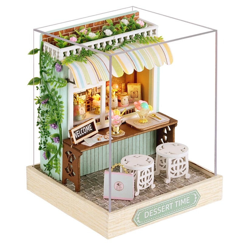CUTEROOM Miniature House Kit CUTEROOM Tiny House Kit Wooden Dollhouse Kit Mini House Making Kit with Dust Cover DIY Dollhouse Kit Birthday Gift Dessert Time - Image 2