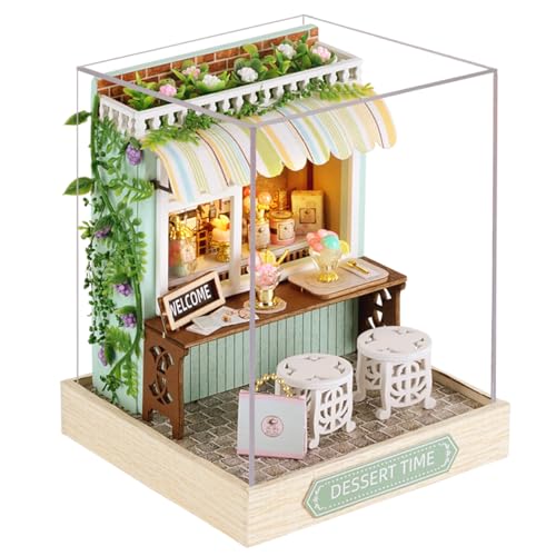 CUTEROOM Miniature House Kit CUTEROOM Tiny House Kit Wooden Dollhouse Kit Mini House Making Kit with Dust Cover DIY Dollhouse Kit Birthday Gift Dessert Time - Image 1