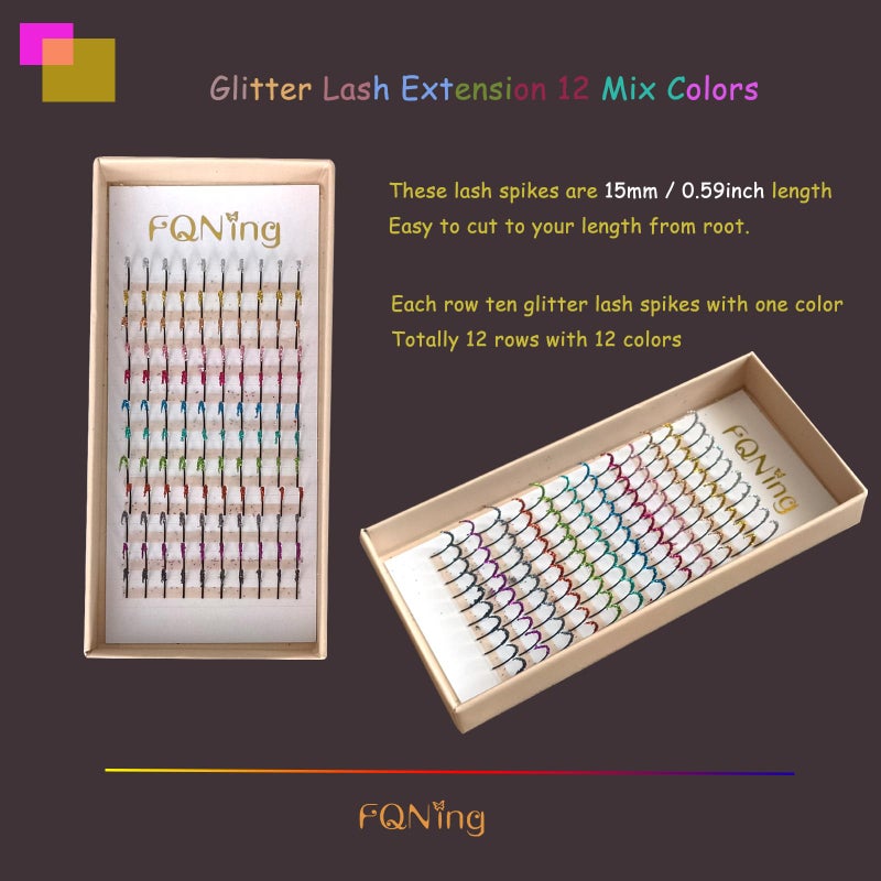 FQNing Glitter Lash Extensions Laser 12 Colors Long Lasting Sparkly Individual Spikes Eyelash Extension Professional Supplies 15mm for Daily,Party, Festival Makeup (Mix-12 Colors) - Image 3
