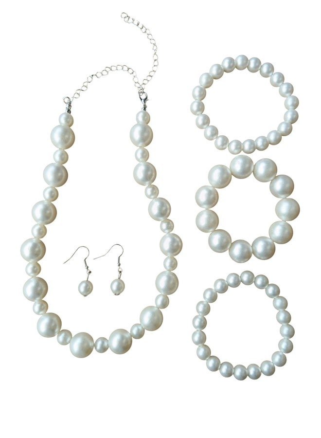 NEOBABY Elegant White Pearl Necklace, Earrings & Bracelet, Silver Chain Clasp, Formal | Wedding & Festival Prom Night and Valentine Gifts for Girls & Women's - Image 1