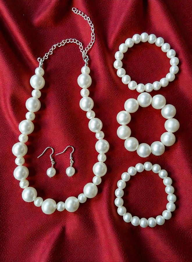 NEOBABY Elegant White Pearl Necklace, Earrings & Bracelet, Silver Chain Clasp, Formal | Wedding & Festival Prom Night and Valentine Gifts for Girls & Women's - Image 5