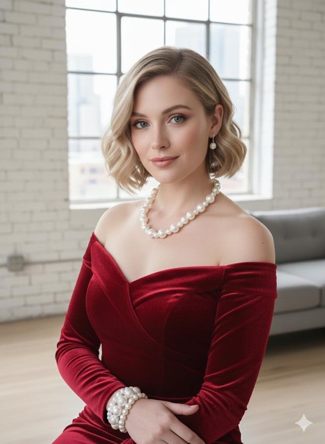 NEOBABY Elegant White Pearl Necklace, Earrings & Bracelet, Silver Chain Clasp, Formal | Wedding & Festival Prom Night and Valentine Gifts for Girls & Women's - Image 2