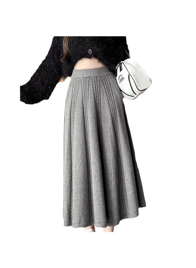 Generic - Womens twist knitted skirt autumn and winter 2024 New High waist thick wool skirt pleated ruffled a-line skirt Gray - Image 1