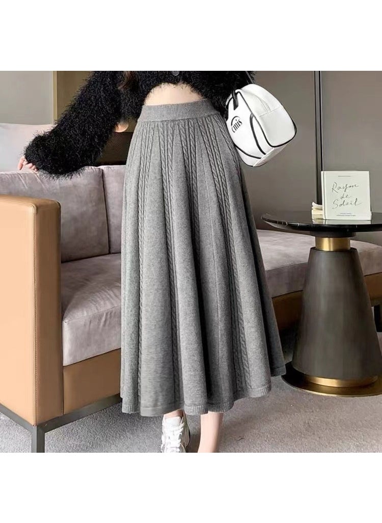 Generic - Womens twist knitted skirt autumn and winter 2024 New High waist thick wool skirt pleated ruffled a-line skirt Gray - Image 1
