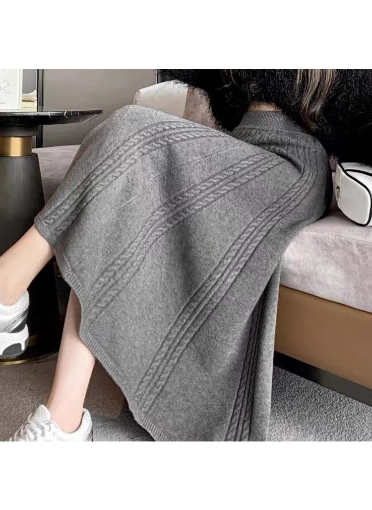 Generic - Womens twist knitted skirt autumn and winter 2024 New High waist thick wool skirt pleated ruffled a-line skirt Gray - Image 1