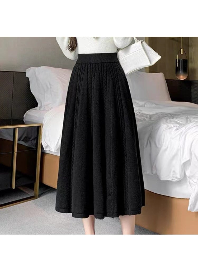 Generic - Womens twist knitted skirt autumn and winter 2024 New High waist thick wool skirt pleated ruffled a-line skirt Gray - Image 1