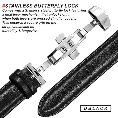 DBLACK ''BUZZ'' Premium Leather Watch Strap with Butterfly Lock, Minimalist Glossy Finish Watch Belt // For 20mm, 22mm, or 24mm Watch Band (Choose Your Size & Color) (Black, 22mm) - Image 3