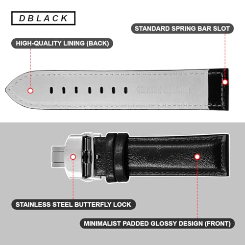 DBLACK ''BUZZ'' Premium Leather Watch Strap with Butterfly Lock, Minimalist Glossy Finish Watch Belt // For 20mm, 22mm, or 24mm Watch Band (Choose Your Size & Color) (Black, 22mm) - Image 5