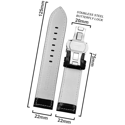 DBLACK ''BUZZ'' Premium Leather Watch Strap with Butterfly Lock, Minimalist Glossy Finish Watch Belt // For 20mm, 22mm, or 24mm Watch Band (Choose Your Size & Color) (Black, 22mm) - Image 2
