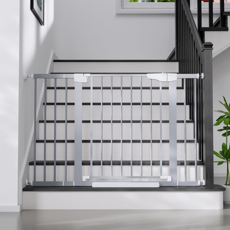 Cumbor 29.7-48" Baby Gate for Stairs, Mom's Choice Awards Winner-Dog Gates for Doorways, Auto Close Safety Pet Gate for Dogs Indoor, Easy Install Pressure Mounted Child Gate with Walk Thru Door, Gray - Image 1