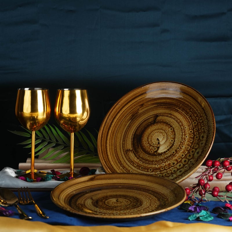 Caffeine Ceramic Handmade Stoneware Brown Wooden Quarter Plate 7”(Set of 2 Microwave & Dishwasher Safe) - Image 2