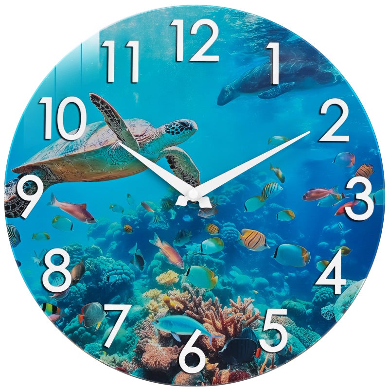 Crosstime 12 Inch Outdoor Clock Waterproof Tempered Glass with Sea Turtle Marine Life Theme UV Resistant Silent Nauical Coastal Decor Wall Clock for Patio Pool Garden Backyard Bathroom - Image 2