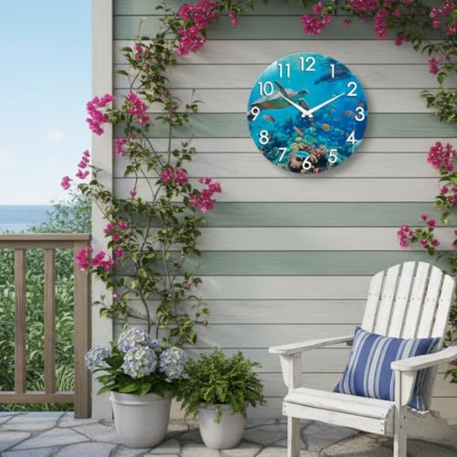 Crosstime 12 Inch Outdoor Clock Waterproof Tempered Glass with Sea Turtle Marine Life Theme UV Resistant Silent Nauical Coastal Decor Wall Clock for Patio Pool Garden Backyard Bathroom - Image 3