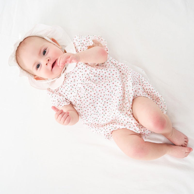 pureborn Baby Girls Bodysuit Peter Pan Collar Bubble Romper Short Sleeve One-Piece Cotton Outfit Pink Flower 6-9 Months - Image 2
