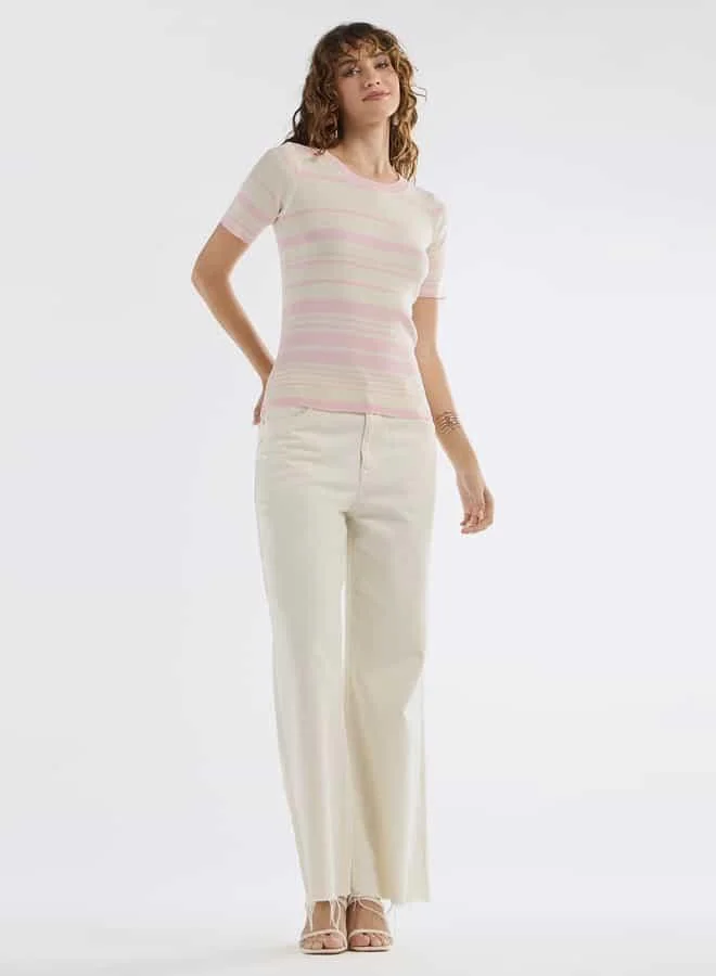 Splash FAV Striped Round Neck T-shirt with Short Sleeves