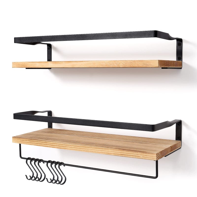 AGM Floating Shelves Wall Mounted Shelf Wooden Wall Shelves Racking Set of 2 for Bedroom Bathroom Living Room Kitchen Storage w 1 Towel Bar and 8 S Hooks Max Load 33lbs