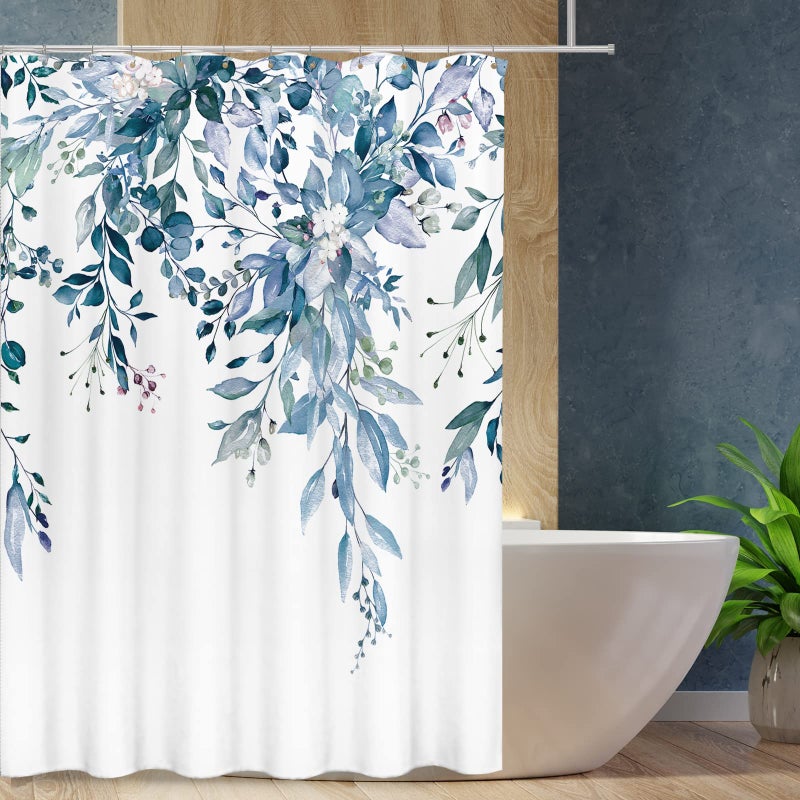 Tititex Blue Eucalyptus Leaves Shower Curtain Sets Watercolor Leaves on The Top Plant with Floral Bathroom Decoration 60x72 Inch with Hooks