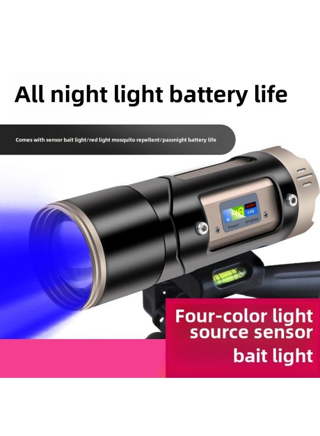 Blue Light Fishing Lamp Four Light Source Night Fishing Lamp Strong Light Charging Zoom Long-range LED Life Waterproof Field Fishing Lamp-Color:Super Bright Four Light Source [three Leg Bracket] Set - Image 1